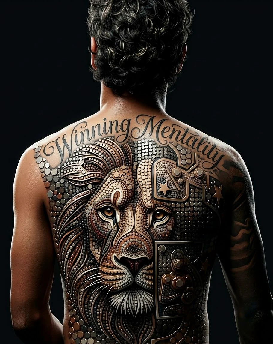 Winning Mentality: a lion back piece built from tiered, embossed circles